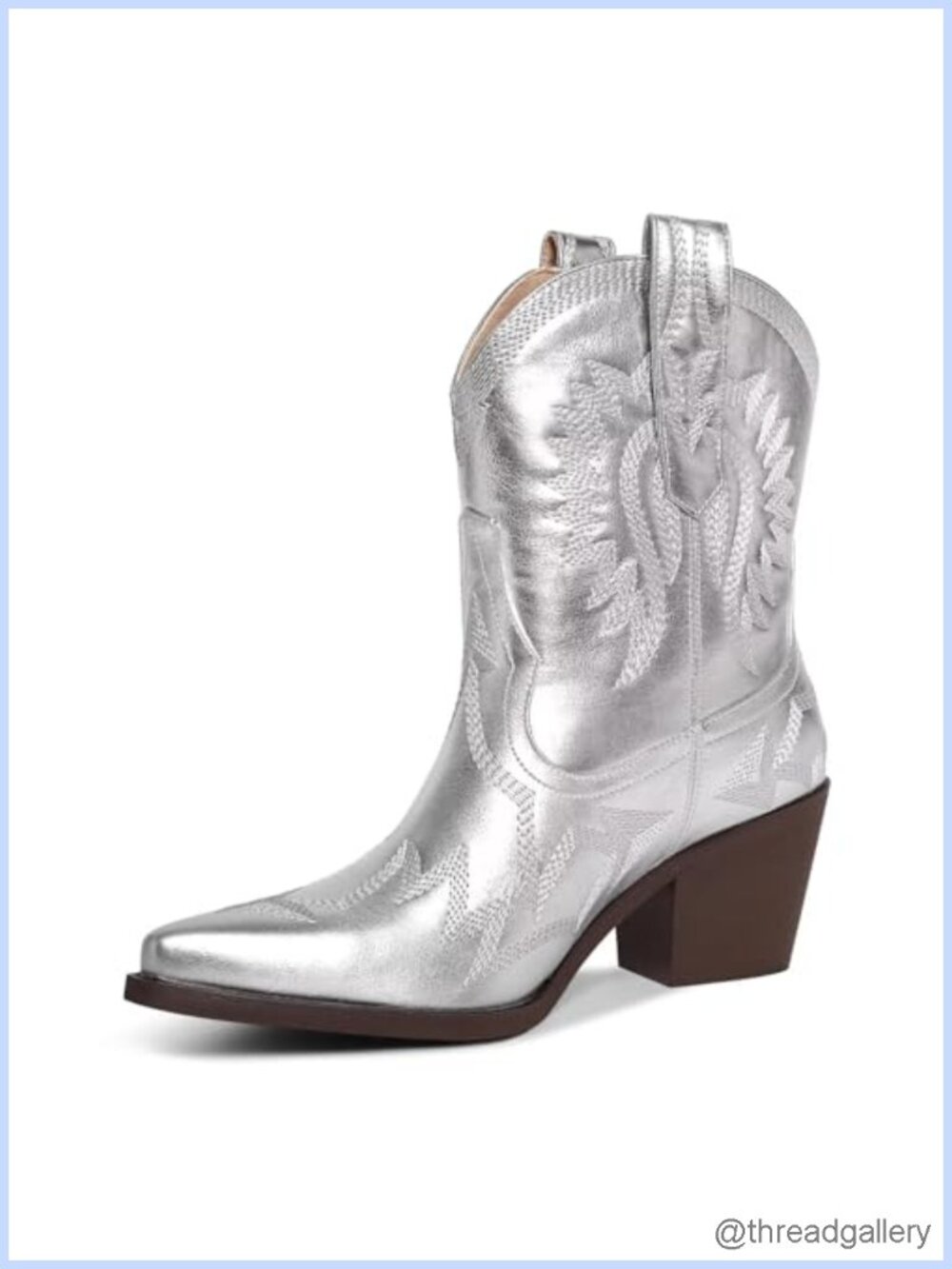 Western Ankle Cowboy Boots Metallic PU Chunky Pointed Toe Wide Calf Embroidered